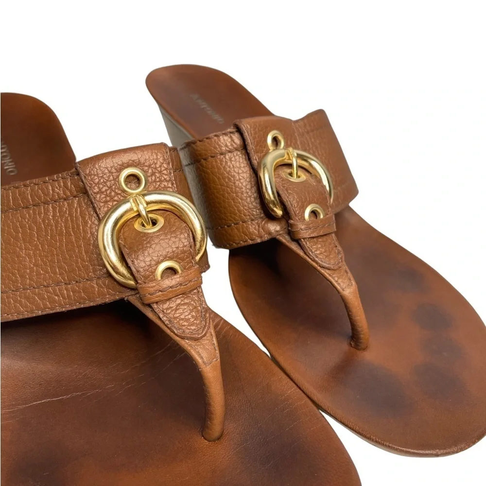 Antonio Melani stacked wedge brown leather thong heel/ gold buckle. Women 8M